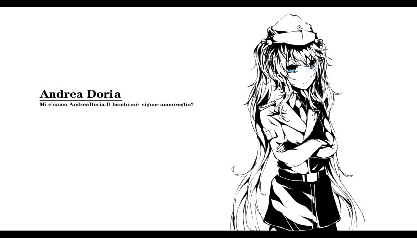1girl absurdres andrea_doria_(zhan_jian_shao_nyu) anotoki_ashi belt blue_eyes closed_mouth cowboy_shot crossed_arms epaulettes frown garrison_cap hat highres italian letterboxed long_hair long_sleeves looking_at_viewer messy_hair military military_jacket military_uniform necktie solo spot_color text twintails uniform very_long_hair white_background zhan_jian_shao_nyu