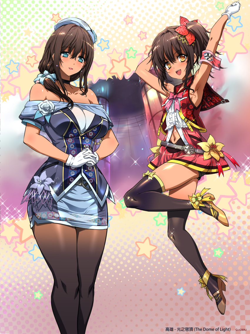 2girls :d age_difference bare_shoulders blue_eyes brown_eyes brown_hair choker flower hair_flower hair_ornament high_heels highres jumping miniskirt multiple_girls open_mouth pantyhose q_azieru shorts side_ponytail size_difference skirt smile solo standing thigh-highs wide_hips