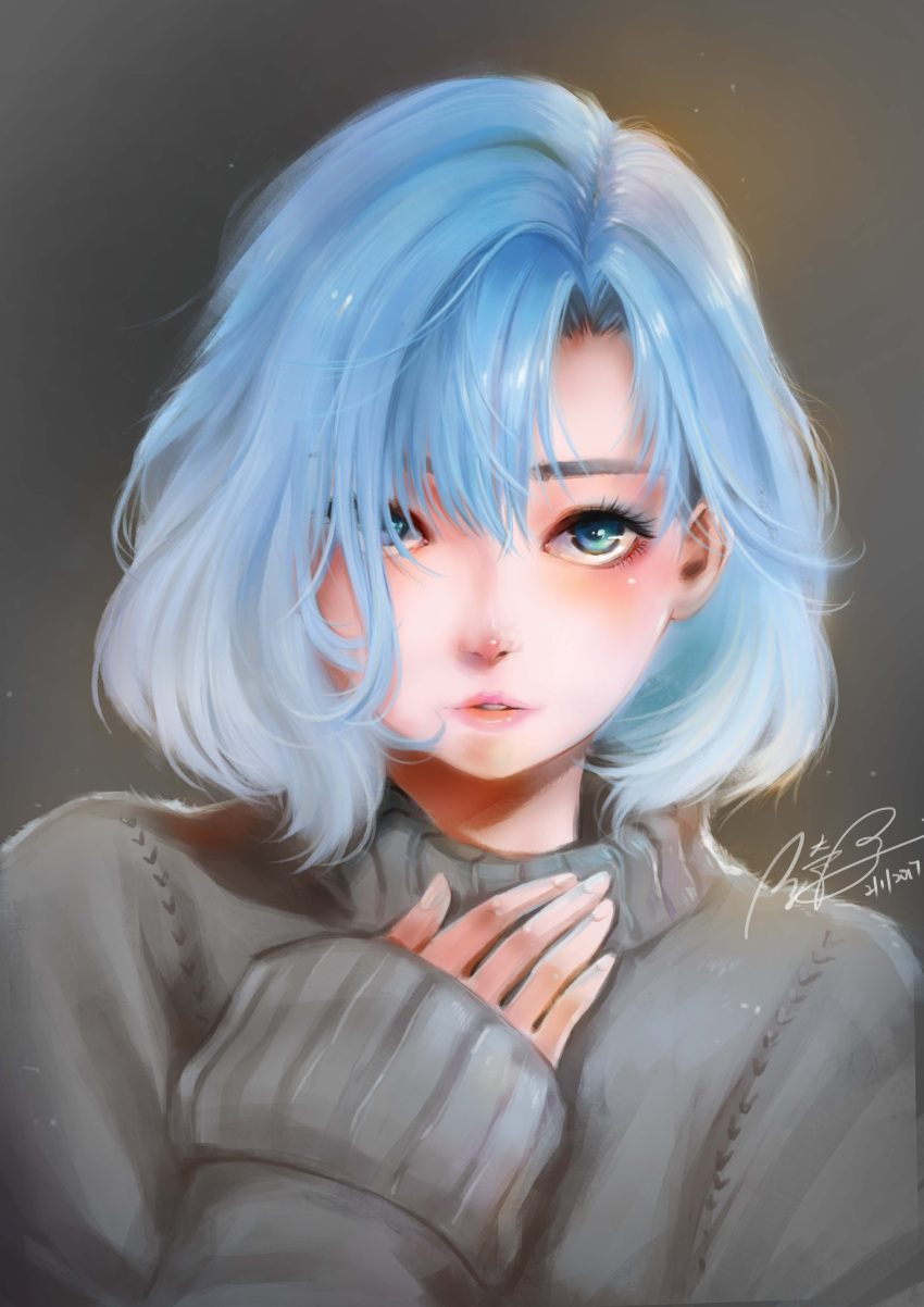 1girl 2017 absurdres artist_name asymmetrical_bangs bangs black_sweater blue_eyes blue_hair blush dated eyeshadow grey_background hair_over_one_eye hand_on_own_chest highres kei_li_lim long_sleeves looking_at_viewer makeup matching_hair/eyes original parted_lips pink_lips portrait realistic short_hair signature sleeves_past_wrists solo sweater turtleneck_sweater upper_body