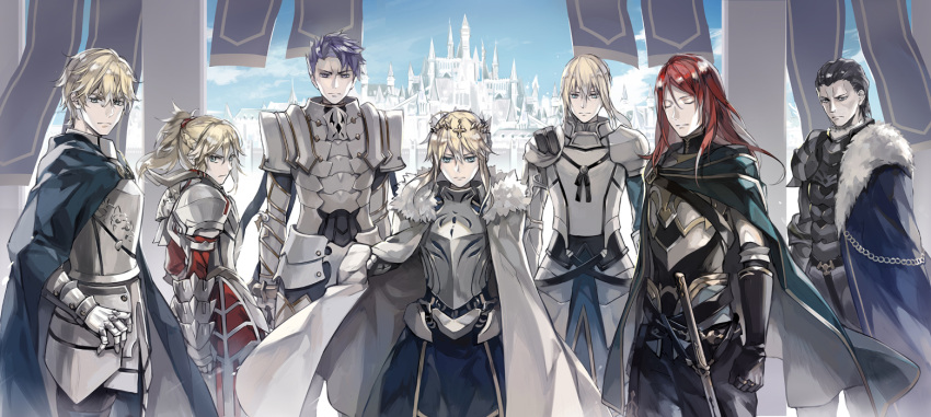 2girls 5boys agravain_(fate/grand_order) armor armored_dress artoria_pendragon_lancer_(fate/grand_order) bedivere cape castle commentary fate/apocrypha fate/extra fate/grand_order fate/stay_night fate_(series) full_armor fur_cape gauntlets gawain_(fate/extra) gloves knight lancelot_(fate/grand_order) looking_at_viewer multiple_boys multiple_girls pauldrons saber saber_of_red sword tristan_(fate/grand_order) weapon