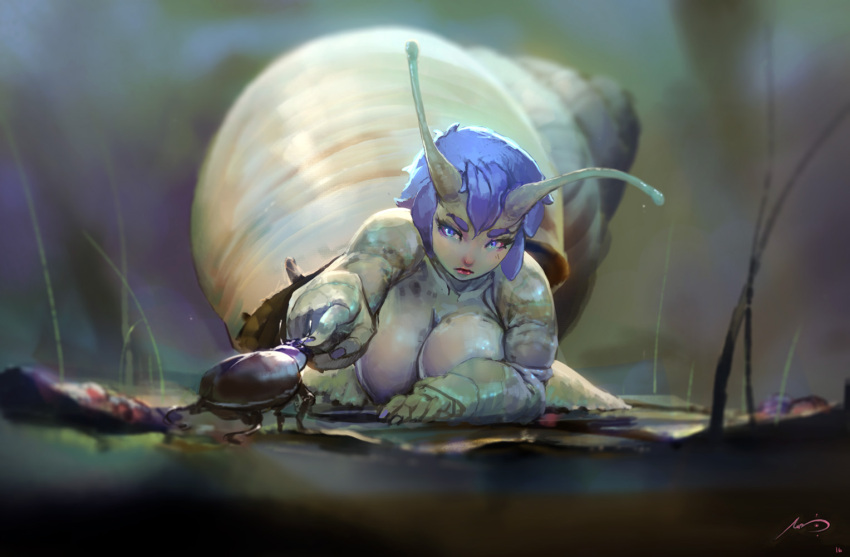 1girl antennae bare_shoulders beetle blue_eyes blue_hair breast_press breasts cleavage closed_mouth commentary fingernails grass insect large_breasts lips marc_brunet matching_hair/eyes monster_girl nail_polish on_ground original purple_nails reaching reaching_out red_lips shell short_hair signature snail_girl snail_shell solo thick_eyebrows