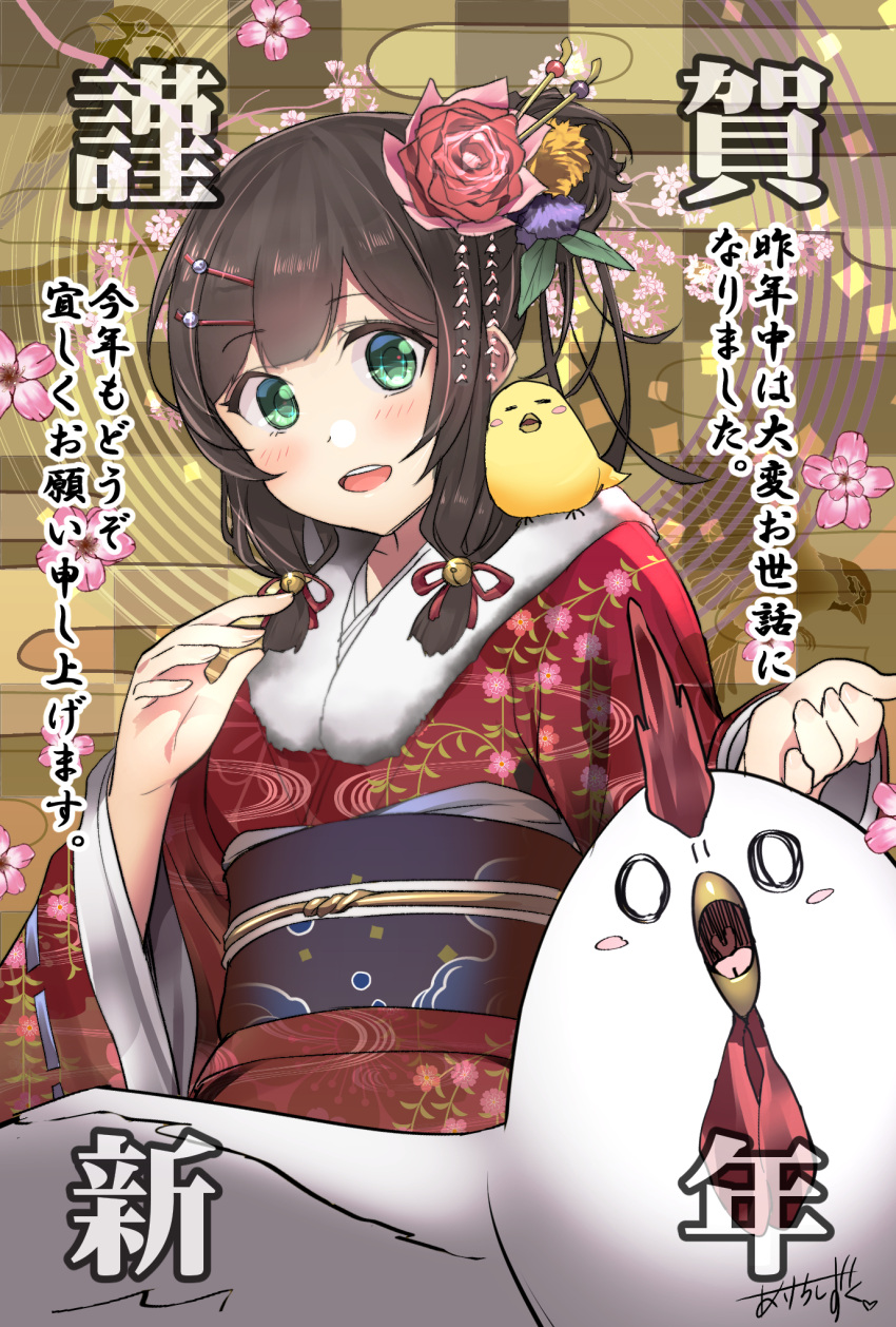 1girl akechi_shizuku artist_name bangs bird blush chick chicken eyebrows_visible_through_hair flower fur_collar hair_bun hair_flower hair_ornament hairclip happy_new_year highres japanese_clothes kimono looking_at_viewer nengajou new_year obi on_shoulder open_mouth original red_flower red_kimono sash signature smile solo teeth translated year_of_the_rooster