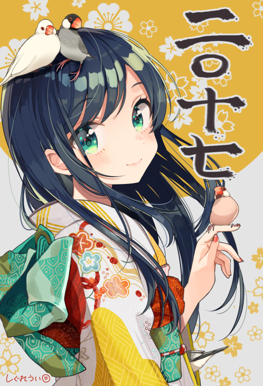 1girl 2017 animal animal_on_head artist_name bangs bird bird_on_hand bird_on_head black_hair blush chick closed_mouth eyebrows_visible_through_hair floral_background floral_print from_side green_eyes happy_new_year head_tilt highres holding japanese_clothes kimono long_hair looking_at_viewer nail_polish new_year obi on_head original red_nails sash shigure_ui signature smile solo swept_bangs translated upper_body white_kimono
