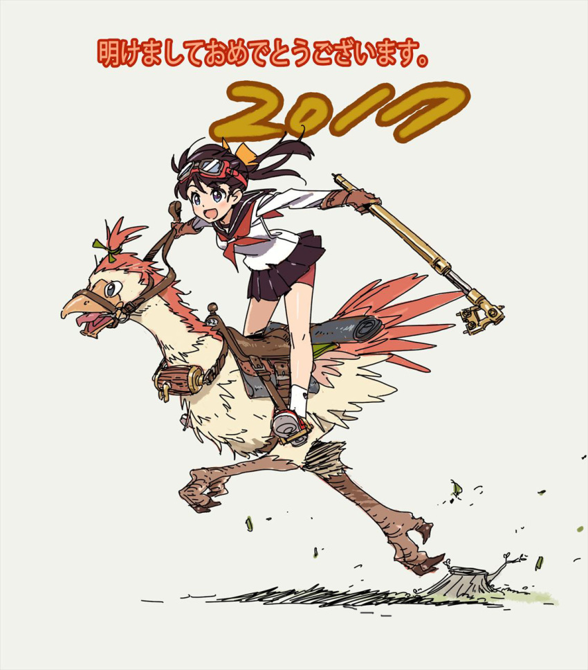 1girl 2017 akeome animal bike_shorts bird gloves goggles goggles_on_head grey_background happy_new_year highres leather leather_gloves new_year open_mouth original riding school_uniform serafuku shorts_under_skirt simple_background smile straddling takamura_kazuhiro translated year_of_the_rooster