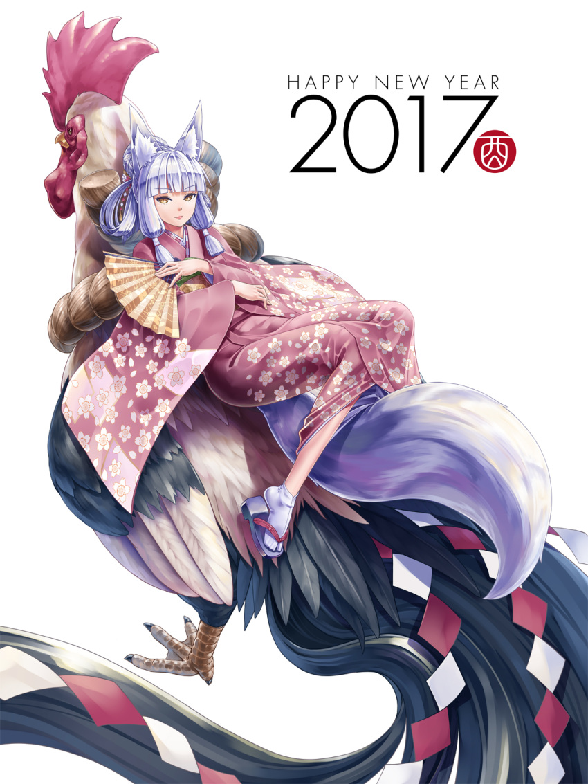 1girl 2017 bird chicken fan fox_girl fox_tail happy_new_year highres japanese_clothes kazuki_seihou kimono new_year original rooster short_hair silver_hair slit_pupils solo tail translated yellow_eyes