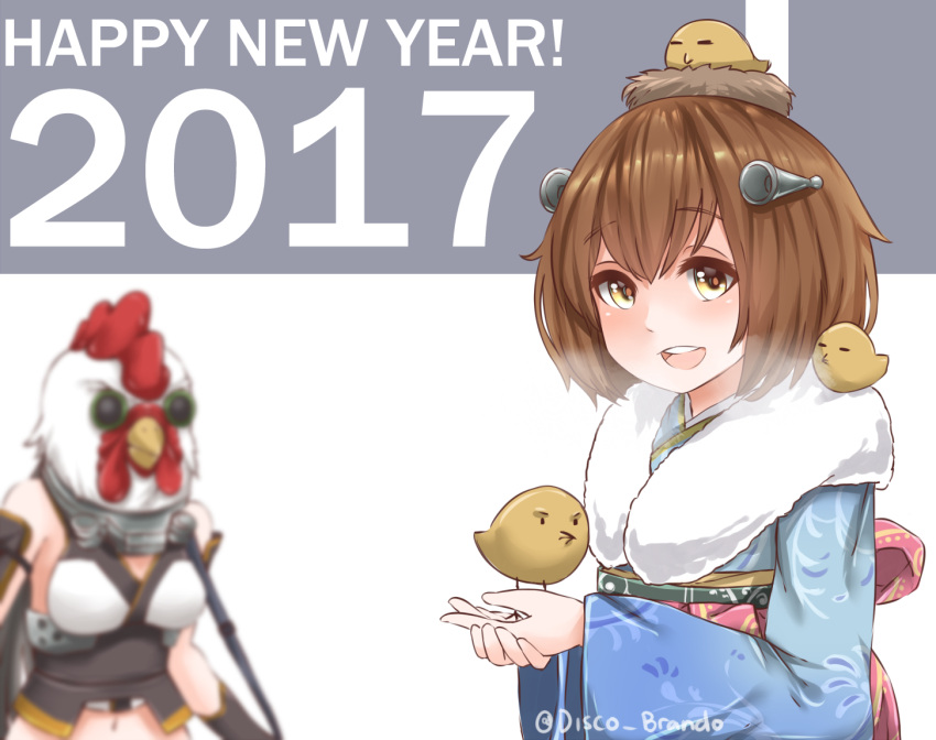 2017 2girls :d =_= alternate_costume animal artist_name bangs bare_shoulders bird black_gloves blush breasts breath brown_hair chicken collar disco_brando elbow_gloves eyebrows_visible_through_hair eyelashes floral_print fur_collar gloves happy_new_year headgear holding_animal kantai_collection lompot looking_at_viewer mask medium_breasts multiple_girls nagato_(kantai_collection) navel new_year open_mouth own_hands_together rooster_mask round_teeth sash simple_background smile stomach teeth twitter_username underbust upper_body white_background year_of_the_rooster yellow_eyes yukikaze_(kantai_collection)