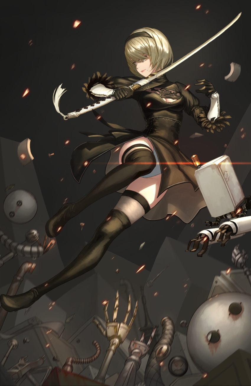 1girl android bangs black_boots black_dress black_gloves black_hairband black_legwear black_ribbon boots breasts closed_mouth dress drone floating gloves grey_eyes groin hair_over_eyes hairband hands_up highleg highleg_leotard highres holding holding_sword holding_weapon juliet_sleeves katana knee_up legs_apart leotard lips long_sleeves machinery medium_breasts midair nier_(series) nier_automata pink_lips pod_(nier_automata) puffy_sleeves ribbon robot scraps short_dress short_hair silver_hair solo sword tassel thigh-highs thigh_boots turtleneck unsheathed vambraces weapon weapon_on_back white_leotard yorha_unit_no._2_type_b yuepeng_xiao