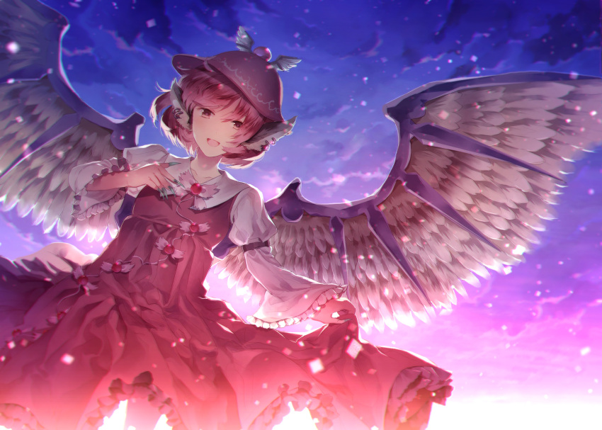 1girl :d animal_ears arm_garter bird_wings bow bowtie brooch brown_dress dress dress_lift dutch_angle frilled_sleeves frills hat highres jewelry juliet_sleeves lifted_by_self light_particles long_sleeves looking_at_viewer mob_cap mystia_lorelei open_mouth pink_bow pink_bowtie pink_eyes pink_hair puffy_sleeves short_hair smile solo spread_wings sunakumo touhou wide_sleeves wings