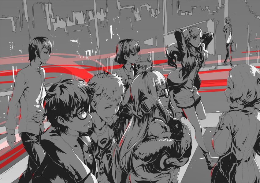 4boys 4girls akechi_gorou b cat closed_eyes glasses gloves greyscale headphones highres jacket kitagawa_yuusuke koukaku kurusu_akira long_hair monochrome morgana_(persona_5) multiple_boys multiple_girls niijima_makoto off_shoulder okumura_haru pantyhose persona persona_5 red_legwear sakamoto_ryuuji sakura_futaba short_hair shorts simple_background smile takamaki_ann thigh-highs twintails walking