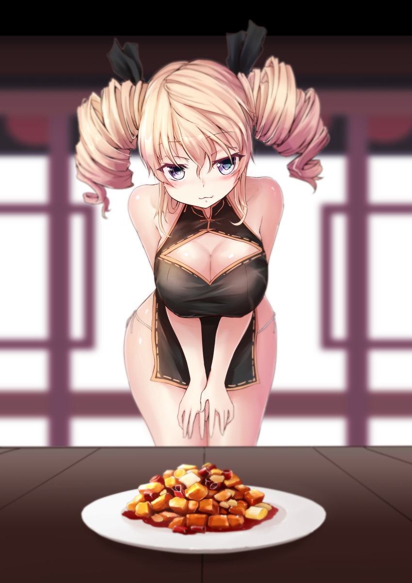&gt;:3 1girl :3 absurdres bangs bare_shoulders black_dress black_ribbon blonde_hair blue_eyes blurry breasts china_dress chinese_clothes cleavage cleavage_cutout closed_mouth cowboy_shot depth_of_field dress drill_hair eyebrows_visible_through_hair food hair_ribbon highres large_breasts leaning_forward looking_at_viewer mapo_doufu original panties ribbon short_dress side-tie_panties sleeveless sleeveless_dress smile solo twin_drills underwear white_panties zheyi_parker