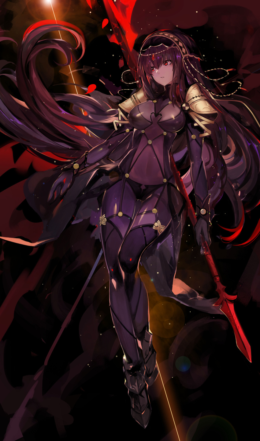 1girl absurdres bodysuit breasts covered_navel fate/grand_order fate_(series) gae_bolg highres large_breasts long_hair looking_at_viewer looking_away pauldrons polearm purple_bodysuit purple_hair red_eyes saberiii scathach_(fate/grand_order) solo spear veil weapon