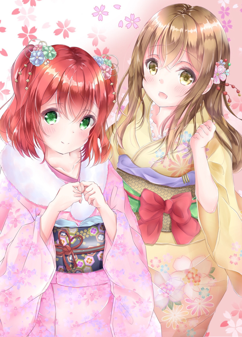 2girls :d blush brown_hair clenched_hand commentary_request floral_background flower fur-trimmed_kimono fur_trim furisode green_eyes hair_flower hair_ornament hands_together highres inahori japanese_clothes kimono kunikida_hanamaru kurosawa_ruby long_hair looking_at_viewer love_live! love_live!_sunshine!! multiple_girls nengajou new_year obi open_mouth redhead sash smile twintails wide_sleeves yellow_eyes