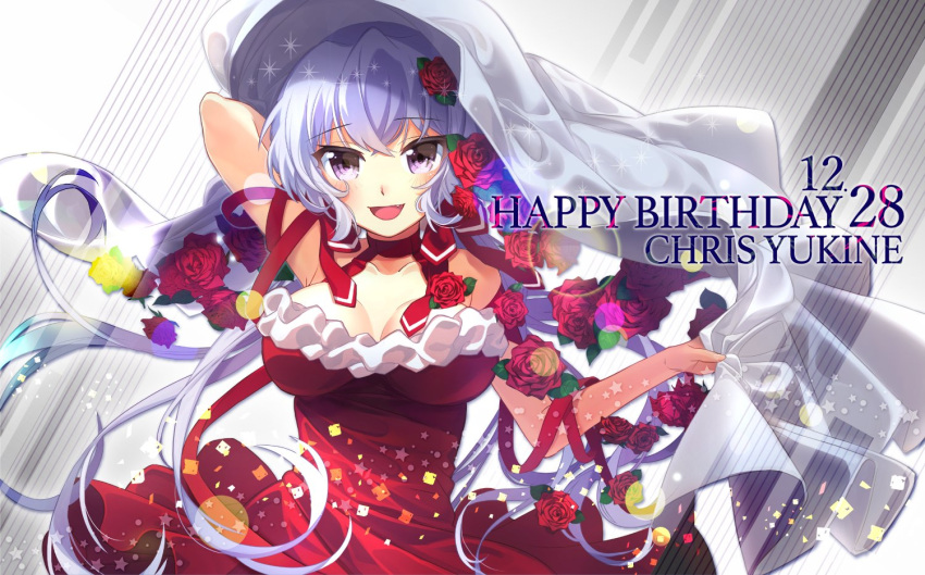 1girl ahoge arm_up bare_shoulders birthday blush breasts choker cleavage dress eyebrows_visible_through_hair fang flower hair_flower hair_ornament happy_birthday large_breasts lens_flare long_hair looking_at_viewer open_mouth red_dress ribbon rose senki_zesshou_symphogear silver_hair smile solo standing text twintails upper_body veil violet_eyes wada_chiyon yukine_chris