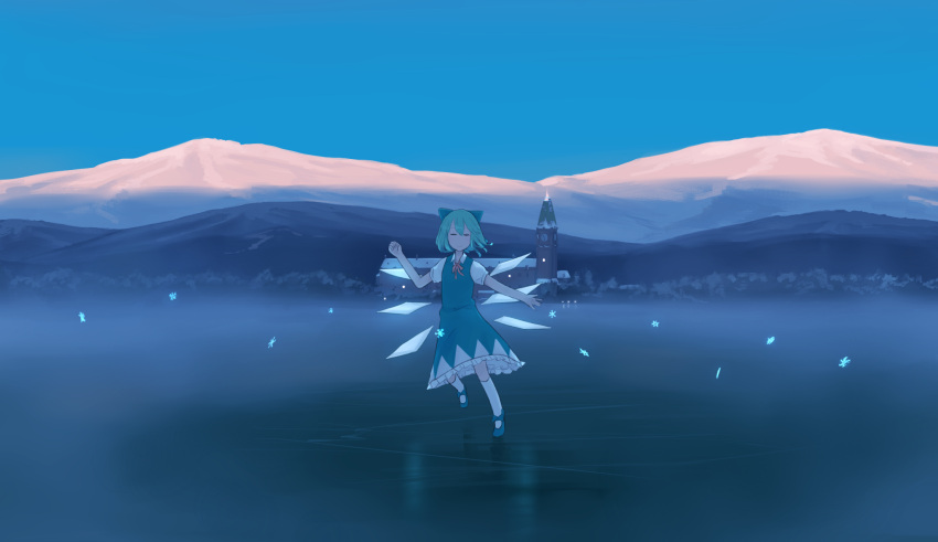 blue_hair bow cirno clock clock_tower closed_eyes commentary dancing dark fog frozen_lake hair_bow hands_up highres hinami047 ice ice_wings lake mountain scarlet_devil_mansion short_hair smile snow snowflakes touhou tower wings winter