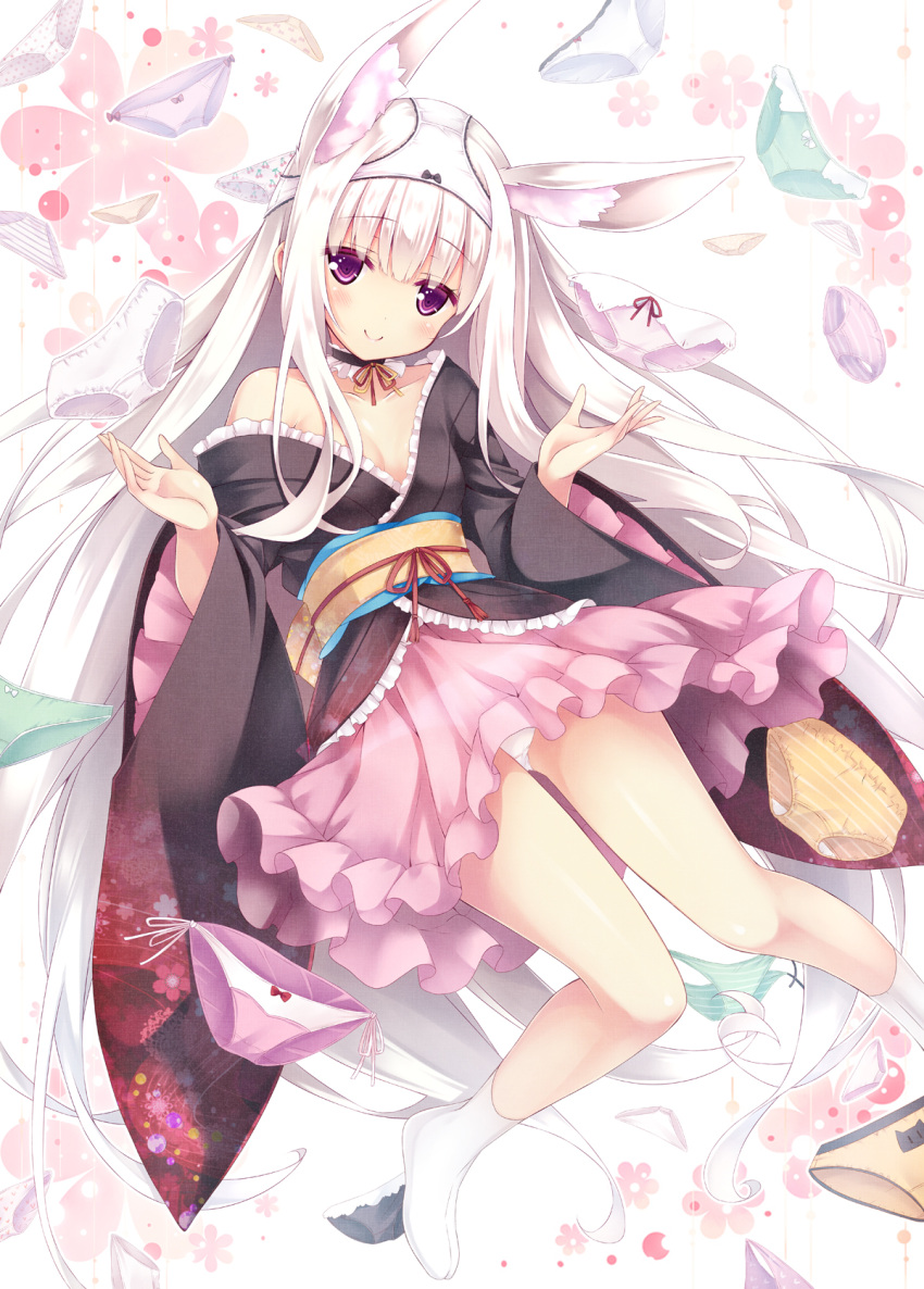 1girl animal_ears breasts cleavage highres japanese_clothes kimono object_on_head original panties panties_on_head rabbit_ears ryo silver_hair underwear violet_eyes