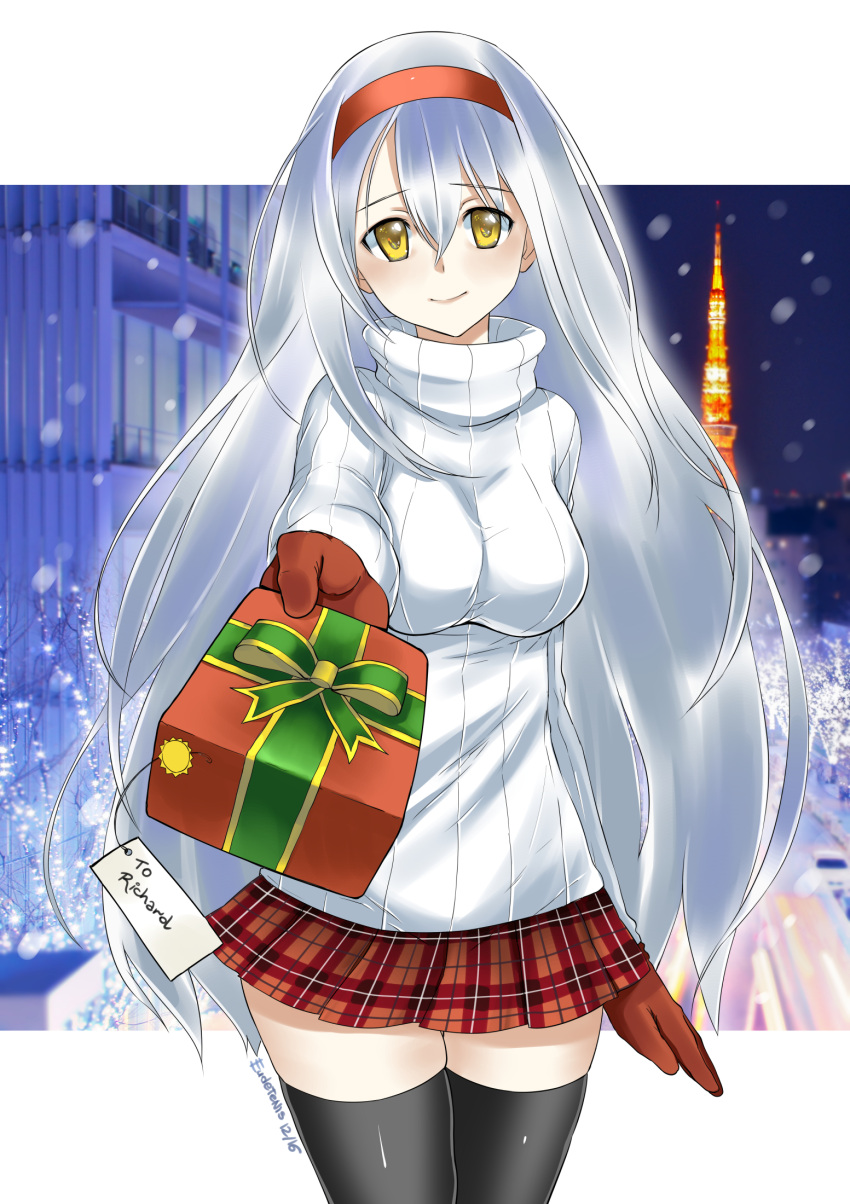1irl black_hair bow box eudetenis eyebrows_visible_through_hair gift gift_box gloves hair_bow hairband highres kantai_collection long_hair looking_at_viewer microskirt pleated_skirt red_gloves red_hairband red_skirt shoukaku_(kantai_collection) silver_hair skirt snow solo thigh-highs very_long_hair yellow_eyes zettai_ryouiki