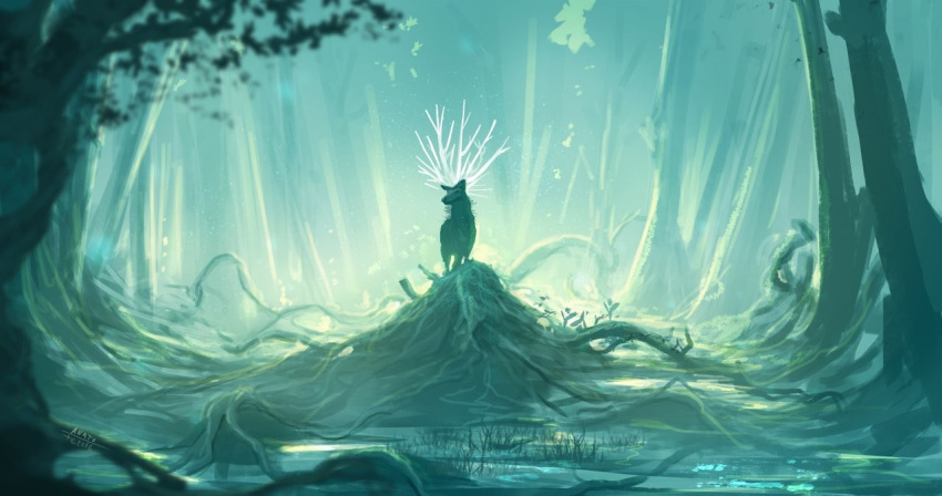 2016 anatofinnstark animal antlers backlighting blurry deer depth_of_field fantasy forest glowing grass landscape mononoke_hime nature no_humans roots scenery signature spirit tree