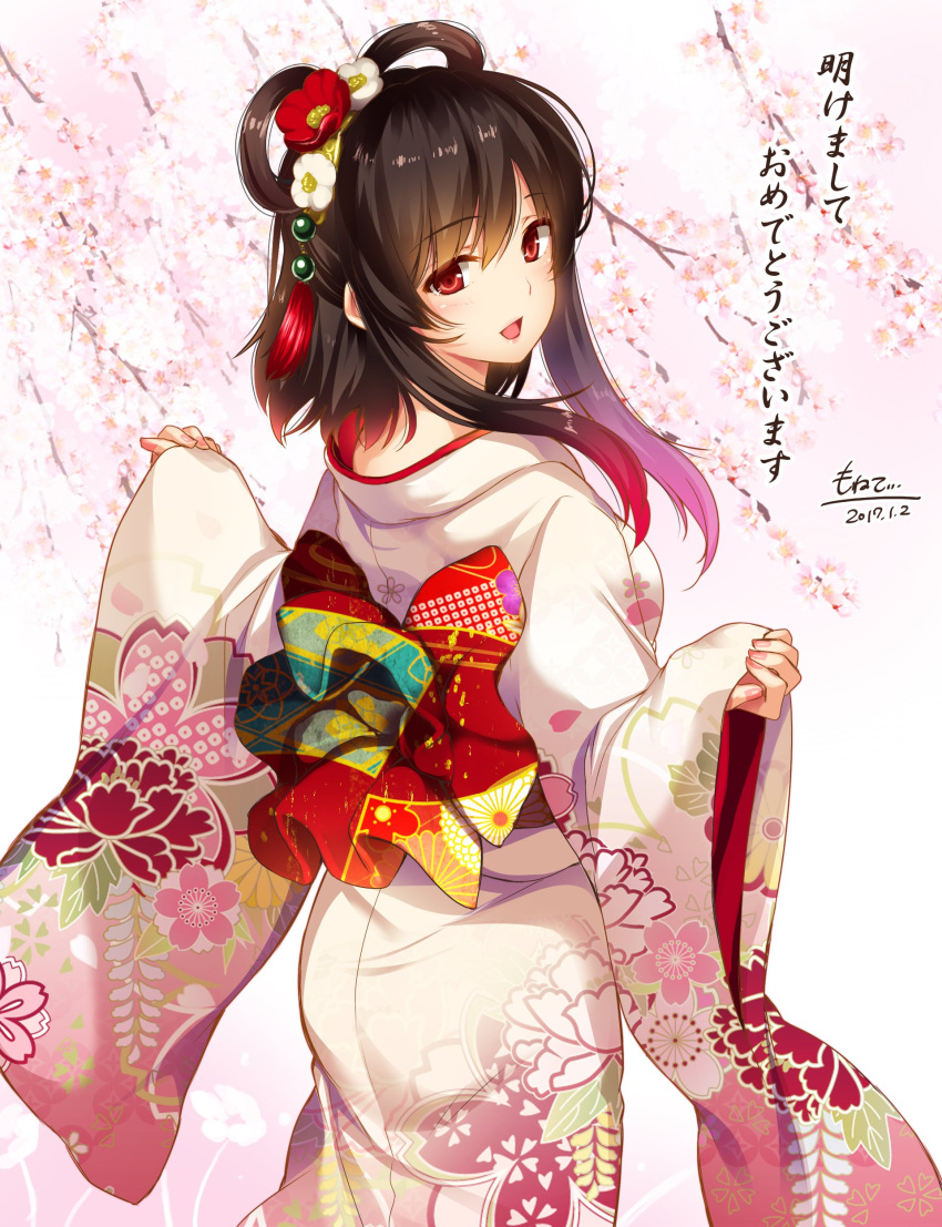 1girl :d absurdres akeome ass bangs black_hair character_request cowboy_shot dated floral_print flower flower_knight_girl from_behind furisode hair_flower hair_ornament hair_rings highres japanese_clothes kimono long_sleeves looking_at_viewer looking_back moneti_(daifuku) nail_polish new_year obi open_mouth pink_nails red_eyes sash sidelocks smile solo wide_sleeves