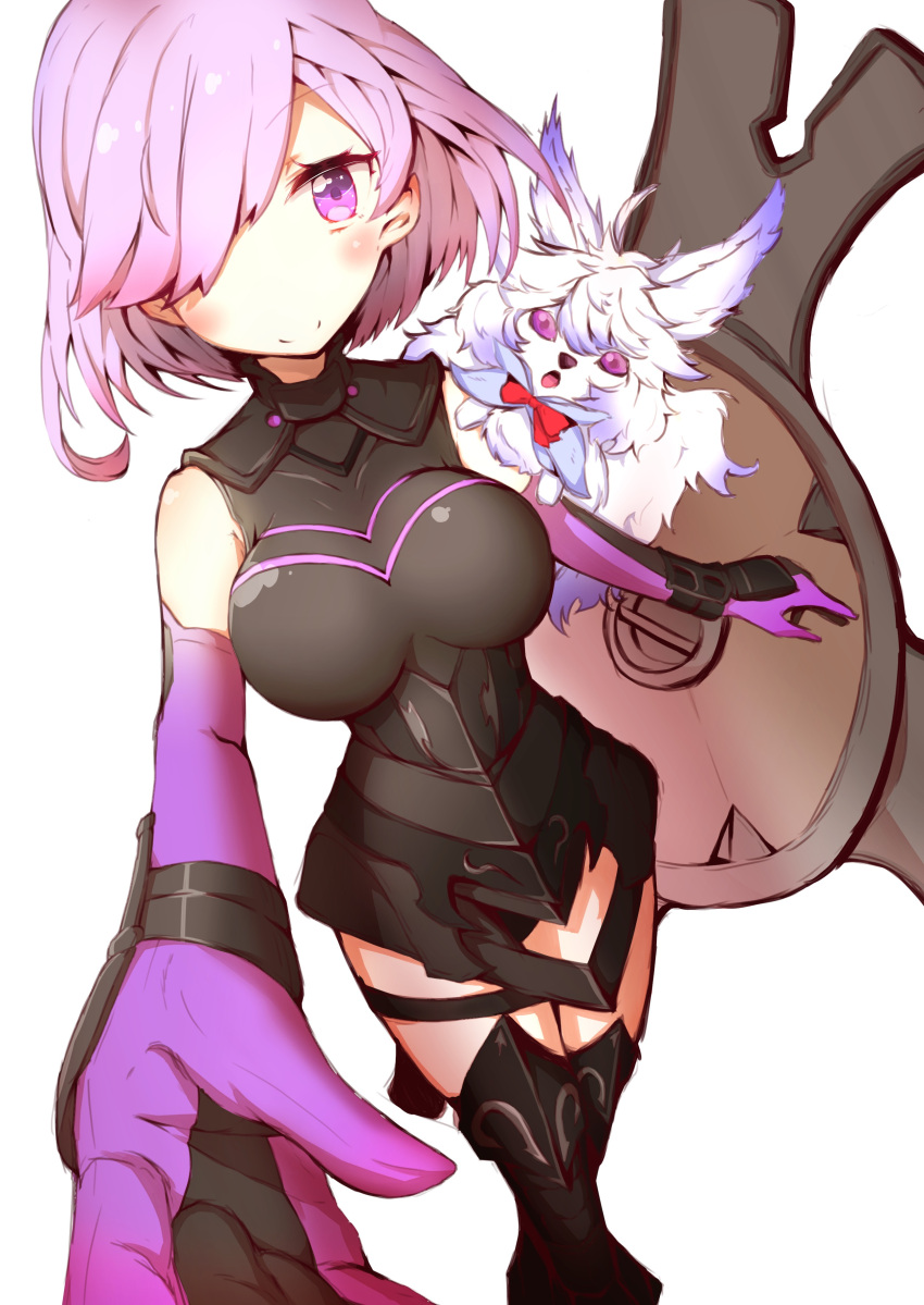 1girl absurdres armor armored_dress bare_shoulders black_dress breasts dress fate/grand_order fate_(series) foreshortening fou_(fate/grand_order) gloves hair_over_one_eye highres homaru_sangou large_breasts looking_at_viewer no_nose purple_gloves purple_hair shield shielder_(fate/grand_order) short_hair smile thigh-highs violet_eyes