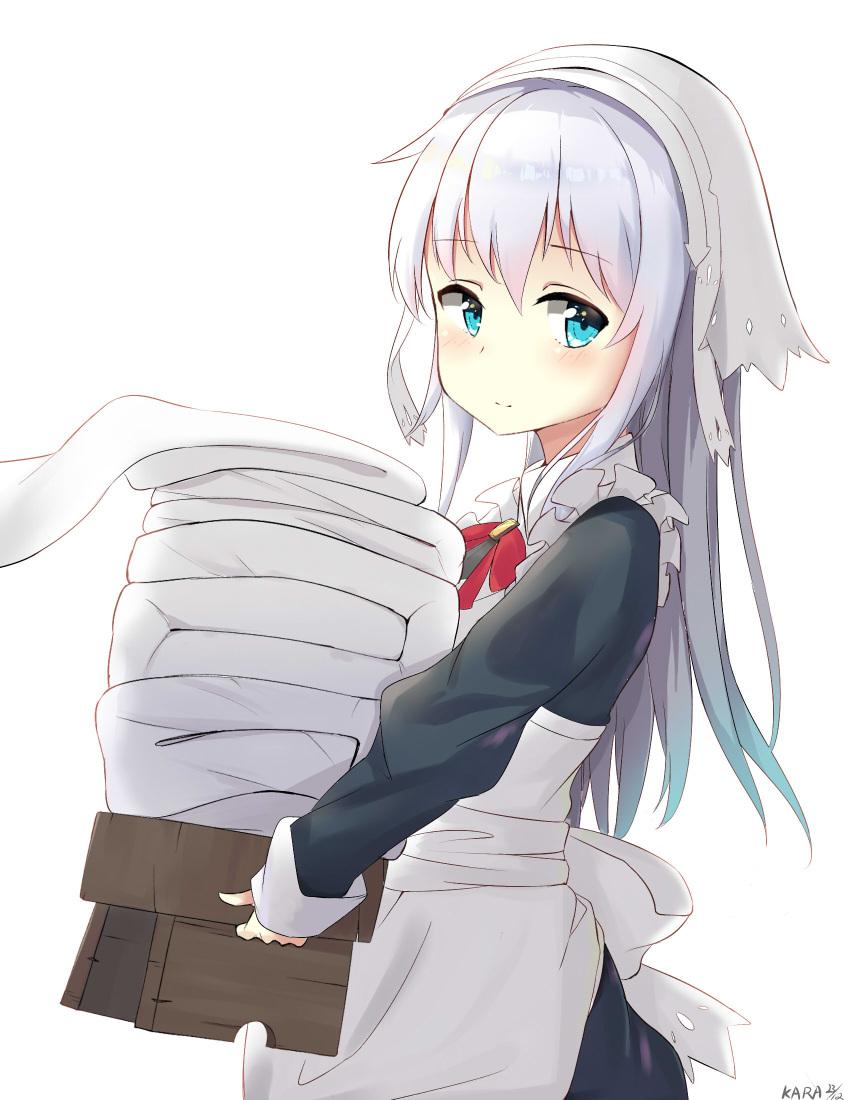 1girl apron artist_name bangs blue_eyes blush carrying closed_mouth color1087 cowboy_shot dated eyebrows_visible_through_hair frilled_apron frills head_scarf hibiki_(kantai_collection) highres kantai_collection long_hair looking_at_viewer maid red_ribbon ribbon signature silver_hair simple_background smile solo towel white_background