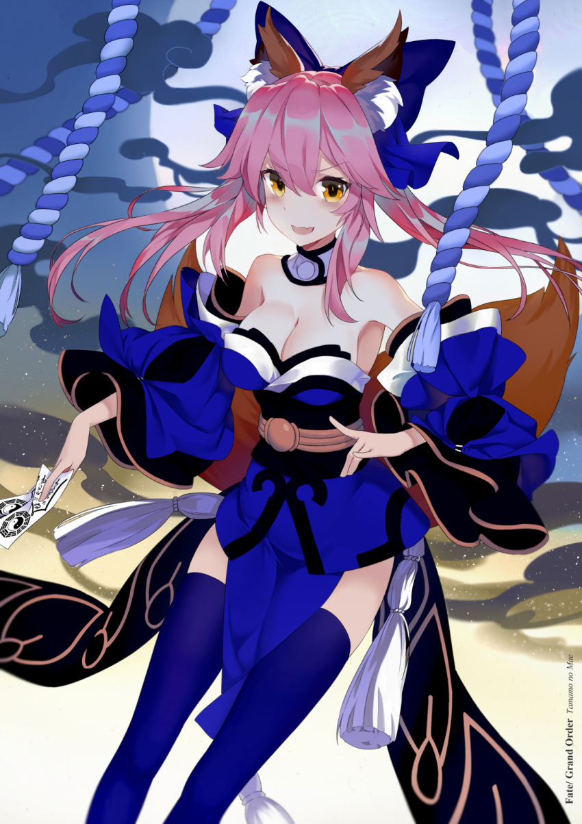 1girl animal_ears bangs blue_legwear bow breasts cleavage collar fang fate/extra fate/grand_order fate_(series) felix_(felix901123) fox_ears fox_tail hair_bow highres japanese_clothes long_hair looking_at_viewer obi open_mouth pelvic_curtain pink_hair rope sash shimenawa smile solo tail tamamo_(fate)_(all) tamamo_no_mae_(fate) thigh-highs yellow_eyes