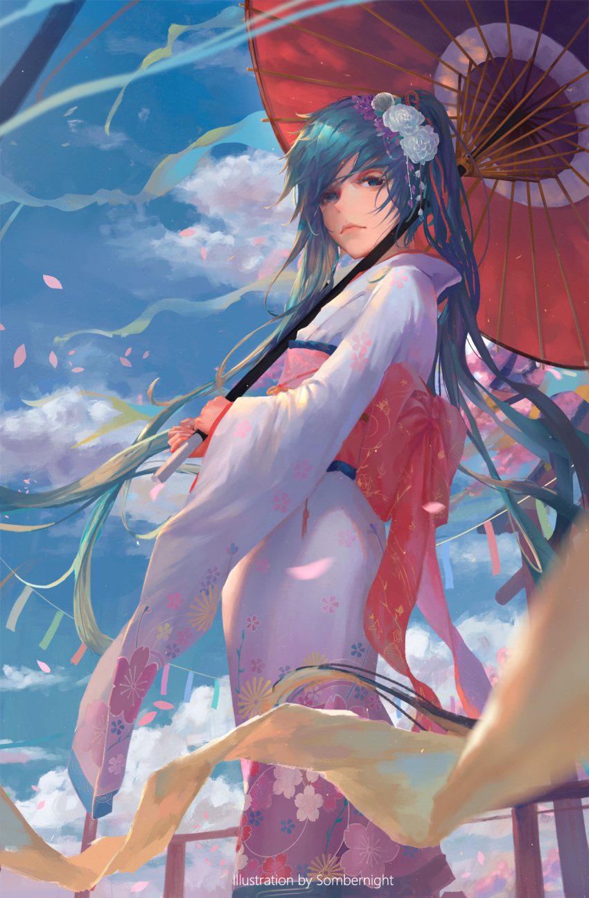 1girl artist_name bangs blue_eyes blue_hair blue_sky carrying_over_shoulder closed_mouth clouds cloudy_sky colored_eyelashes day flag floral_print flower from_side frown hair_flower hair_ornament happy_new_year hatsune_miku highres holding holding_umbrella japanese_clothes long_hair looking_at_viewer matching_hair/eyes motion_blur new_year obi oriental_umbrella outdoors petals sash sky solo sombernight standing swept_bangs torii twintails umbrella very_long_hair vocaloid white_flower wide_sleeves wind