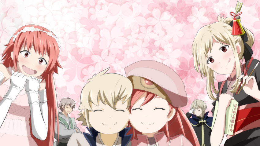 2girls 4boys :d ^_^ alternate_hair_length alternate_hairstyle beret blonde_hair blush brother_and_sister capelet cheek-to-cheek chopsticks closed_eyes cousins dress drill_hair elbow_gloves elise_(fire_emblem_if) european_clothes fire_emblem fire_emblem_if foleo_(fire_emblem_if) gloves grey_hair hair_ornament hair_up hat headband highres husband_and_wife japanese_clothes kisaragi_(fire_emblem_if) leon_(fire_emblem_if) multiple_boys multiple_girls older open_mouth pink_eyes pink_hair red_eyes sakura_(fire_emblem_if) siblings sidelocks smile strapless strapless_dress takumi_(fire_emblem_if) tongue tongue_out toshi_(toshi10416) wallpaper white_gloves younger