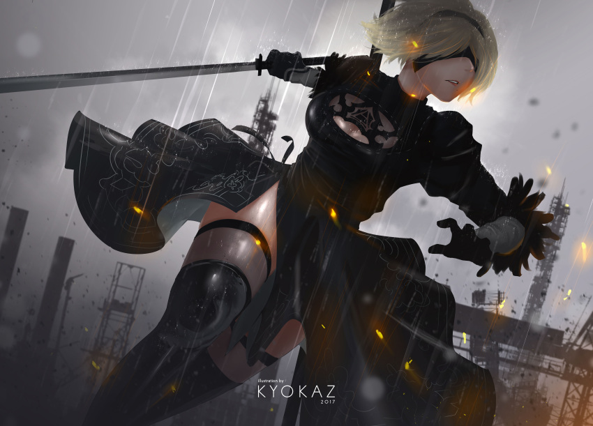 1girl 2017 absurdres artist_name black_boots black_dress black_legwear blindfold boots breasts cleavage cleavage_cutout clouds cloudy_sky dated dress gloves hairband highres holding holding_sword holding_weapon juliet_sleeves katana kyokaz large_breasts long_sleeves nier_(series) nier_automata outdoors puffy_sleeves rain ruins running shiny shiny_skin short_hair silver_hair sky solo sword thigh-highs thigh_boots weapon wet yorha_unit_no._2_type_b