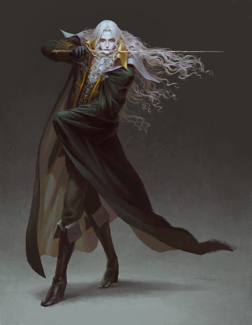 1boy absurdres alucard_(castlevania) blood boots cape castlevania castlevania:_dawn_of_sorrow castlevania:_symphony_of_the_night european_clothes grey_background grey_hair highres holding holding_weapon licking signature simple_background sword vampire weapon zhoujialin