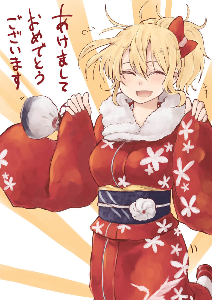 1girl :d ^_^ akeome bangs blush bow breasts closed_eyes cowboy_shot facing_viewer floral_print flying_sweatdrops fur_collar hair_between_eyes hair_bow happy happy_new_year highres holding japanese_clothes kimono kinpatsu-chan_(rucchiifu) large_breasts leg_up new_year obi open_mouth original ponytail red_bow red_kimono rucchiifu sash smile solo translated white_legwear wide_sleeves