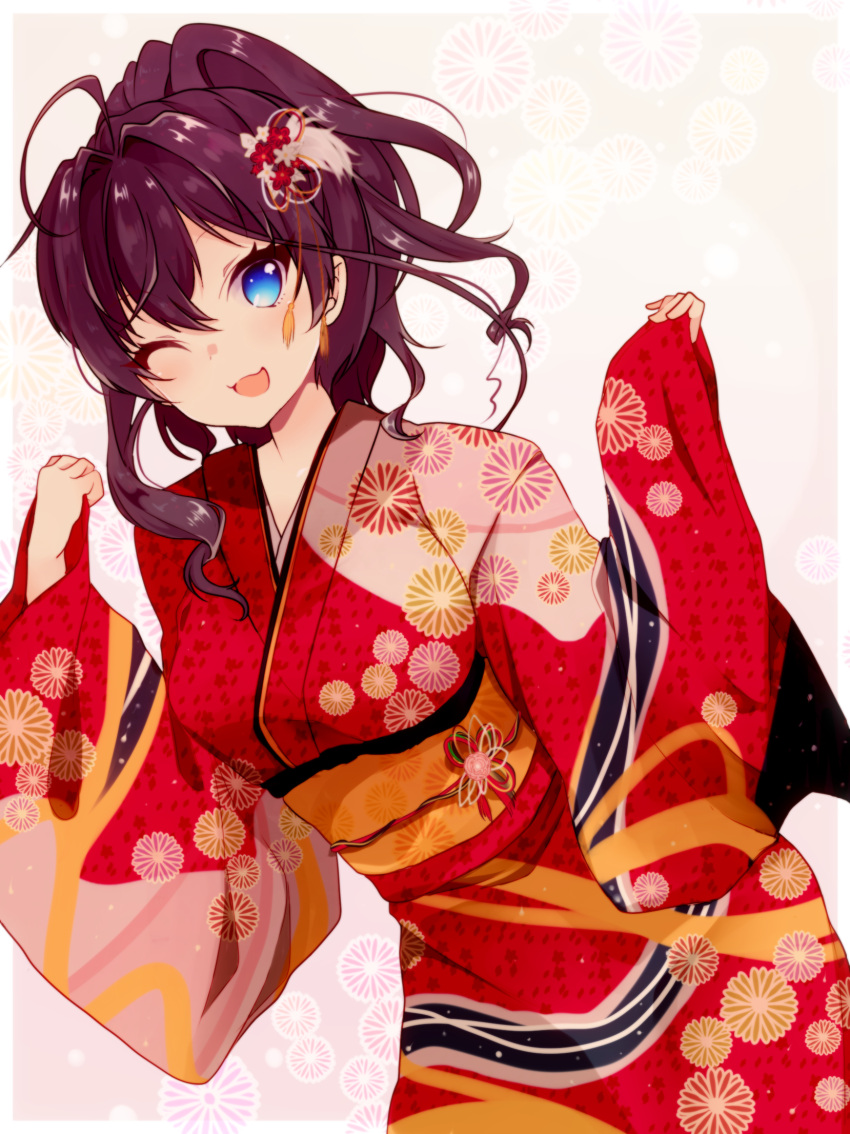 1girl :3 alternate_costume alternate_hairstyle blue_eyes breasts brown_hair highres ichinose_shiki idolmaster idolmaster_cinderella_girls japanese_clothes kimono large_breasts long_hair obybuss one_eye_closed open_mouth ponytail solo wavy_hair