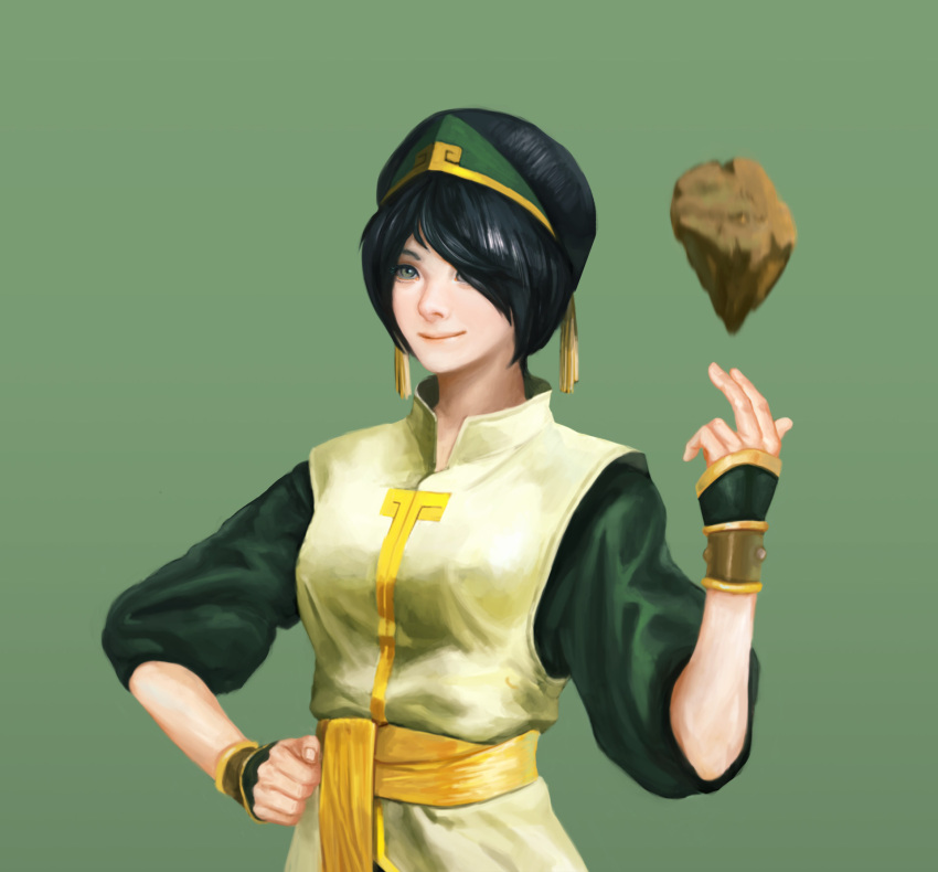 1girl avatar:_the_last_airbender avatar_(series) black_hair bracelet hair_over_one_eye hand_on_hip highres hyun_sung_oh jewelry looking_at_viewer older rock smile solo studded_bracelet toph_bei_fong upper_body