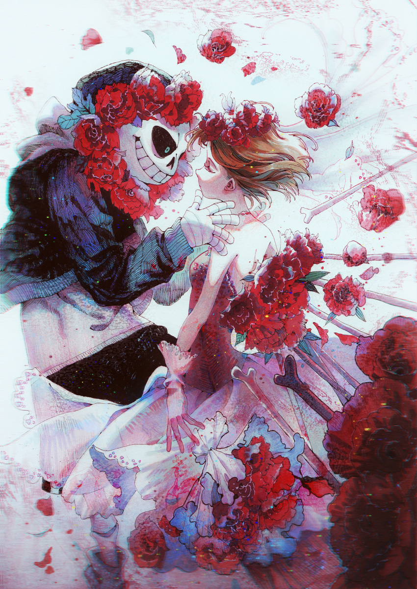 1girl bare_shoulders black_shorts blue_eyes blurry bone bone_wings bouquet breasts bridal_veil bride brown_hair closed_eyes detached_wings dissolving dizi930 dress floating_hair flower flower_necklace flower_request frisk_(undertale) gloves grey_background grin hair_flower hair_ornament head_wreath highres hood hooded_jacket jacket jewelry light_particles long_sleeves looking_at_another medium_breasts necklace open_clothes open_jacket petals profile red_flower sans see-through short_hair shorts skeleton smile socks strapless strapless_dress teeth traditional_media undertale veil white_legwear wings