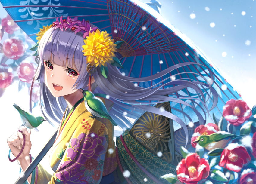 1girl :d animal animal_on_shoulder bangs bird bird_on_hand bird_on_shoulder blunt_bangs blush breasts camellia_(flower) closed_mouth eyebrows_visible_through_hair eyelashes floating_hair floral_print flower from_side hair_flower hair_ornament japanese_clothes kimono looking_at_viewer madopen obi open_mouth oriental_umbrella original purple_flower red_flower sash shippou_(pattern) sidelocks silver_hair small_breasts smile snow snowing teeth thread umbrella upper_body violet_eyes yellow_flower yellow_kimono
