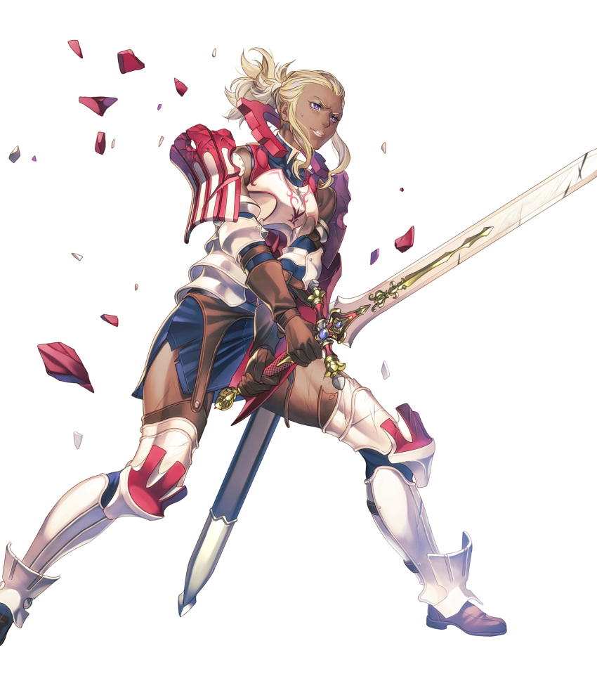 1girl armor armored_boots blonde_hair boots breastplate broken_armor dark_skin dress elbow_pads fire_emblem fire_emblem_awakening fire_emblem_heroes flavia_(fire_emblem) full_body gloves highres holding holding_weapon lips long_hair official_art short_dress shoulder_armor sidelocks skirt solo sword thigh-highs tied_hair transparent_background violet_eyes weapon yoneko_okome zettai_ryouiki