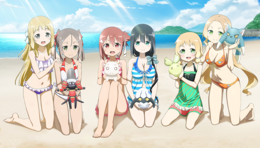 6+girls :&lt; :d aqua_eyes artist_request bangs barefoot beach bikini black_eyes blonde_hair blue_bow blush bow breasts brown_hair cleavage closed_mouth clouds collarbone day eyebrows_visible_through_hair fairy frilled_swimsuit frills front-tie_top full-face_blush green_eyes gyuuki_(yuyuyu) hair_between_eyes hair_bow hair_ornament hair_over_shoulder hair_ribbon hairclip half_updo halterneck hand_on_another's_shoulder hands_on_another's_shoulders head_tilt heart heart_print holding inubouzaki_fuu inubouzaki_itsuki kneeling long_hair looking_at_viewer low_ponytail medium_breasts miyoshi_karin multiple_girls navel nogi_sonoko o_o on_ground one-piece_swimsuit open_mouth orange_bikini outdoors parted_bangs red_eyes redhead ribbon seiza short_ponytail siblings side_ponytail sisters sitting smile striped striped_bow striped_swimsuit sunlight swimsuit tougou_mimori very_long_hair water white_bikini white_bow white_ribbon yuuki_yuuna yuuki_yuuna_wa_yuusha_de_aru yuusha_de_aru
