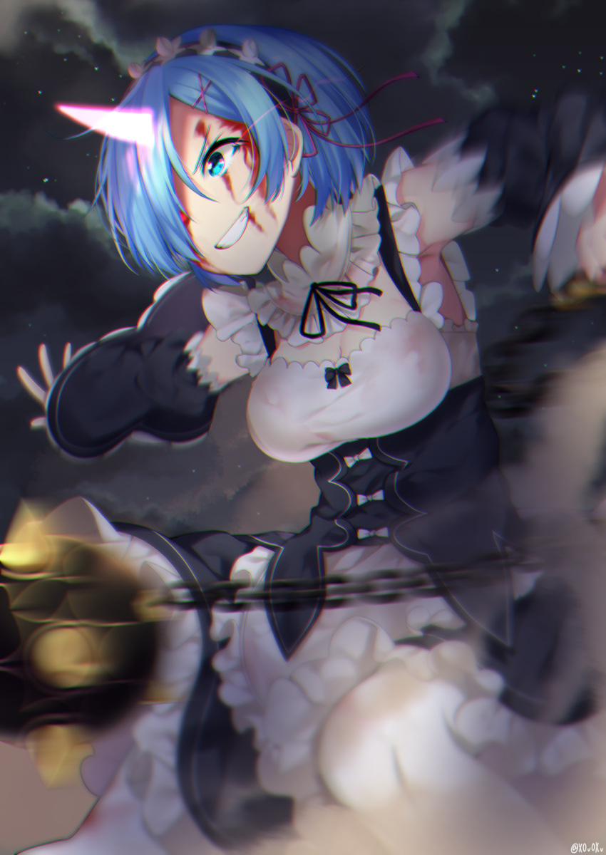 1girl apron blue_eyes blue_hair bow breasts chains cleavage clouds cloudy_sky collar detached_collar detached_sleeves flail frilled_apron frilled_collar frilled_sleeves frills glowing glowing_eye grin hair_ornament hair_over_one_eye hair_ribbon highres holding holding_weapon horn knee_up maid maid_headdress matching_hair/eyes miyakura_shiiha morning_star motion_blur night outdoors purple_ribbon re:zero_kara_hajimeru_isekai_seikatsu rem_(re:zero) ribbon short_hair signature sky smile solo teeth twitter_username waist_apron weapon white_bow x_hair_ornament