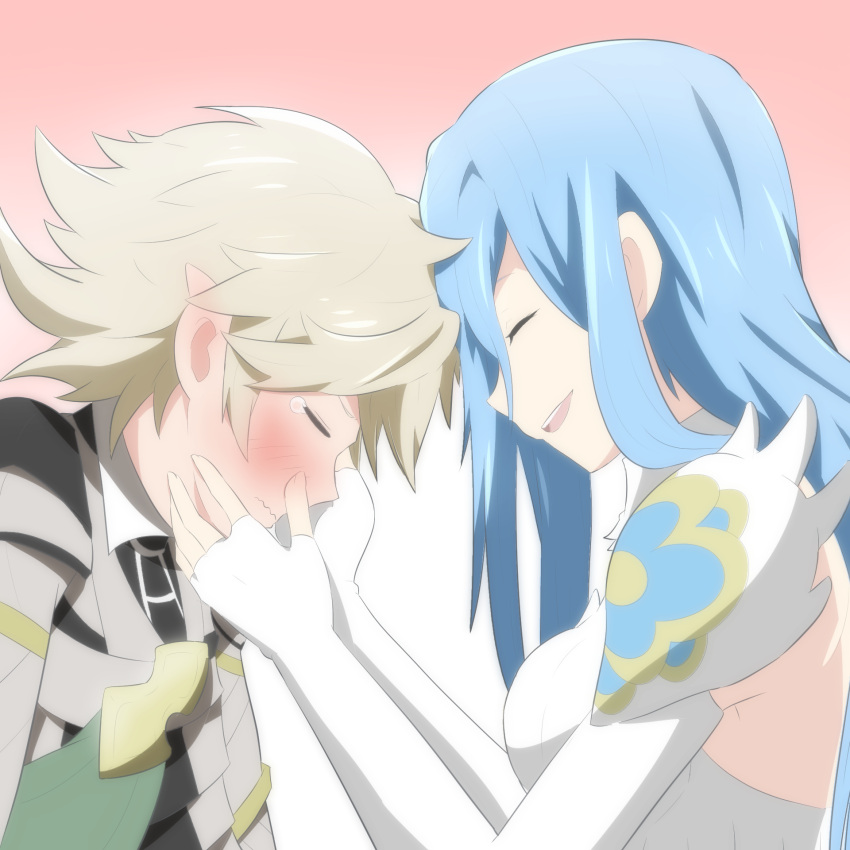 1boy 1girl aqua_(fire_emblem_if) blue_hair blush breasts cape closed_eyes cousins detached_sleeves dress fire_emblem fire_emblem_if gradient gradient_background green_cape grey_hair hetero highres long_hair male_my_unit_(fire_emblem_if) medium_breasts my_unit_(fire_emblem_if) pink_background short_hair sidelocks simple_background smile tearing_up tears toshi_(toshi10416) very_long_hair wavy_mouth white_background white_dress