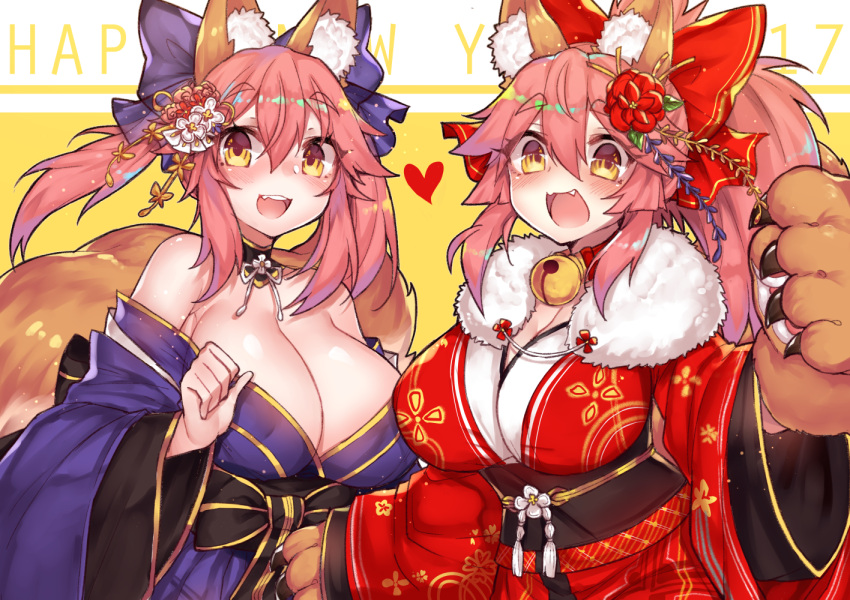 2girls animal_ears bare_shoulders blush breasts brown_eyes cleavage fangs fate/extra fate/grand_order fate_(series) fox_ears fox_tail huge_breasts japanese_clothes kimono large_breasts long_hair looking_at_viewer multiple_girls multiple_tails open_mouth osiimi paws pink_hair smile tail tamamo_(fate)_(all) tamamo_cat_(fate) tamamo_no_mae_(fate)