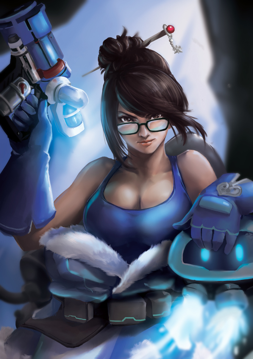 1girl absurdres belt black-framed_eyewear blue_gloves blue_shirt breasts brown_eyes brown_hair chua_wei_chong cleavage coat collarbone commentary drone floating fur_coat fur_trim glasses gloves hair_bun hair_ornament hair_stick highres lips looking_at_viewer medium_breasts mei_(overwatch) nose overwatch robot shirt short_hair sleeveless snowball_(overwatch) solo tank_top upper_body utility_belt weapon