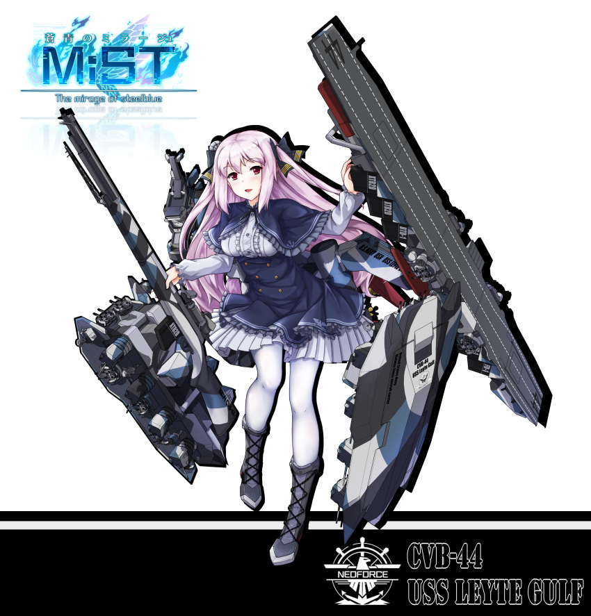 1girl absurdres black_footwear capelet character_name copyright_name full_body highres holding holding_weapon leyte_gulf_(steelblue_mirage) logo long_hair pantyhose pink_hair red_eyes skirt smile solo standing steelblue_mirage very_long_hair warship_girls_r weapon white_background white_legwear xinghuajian