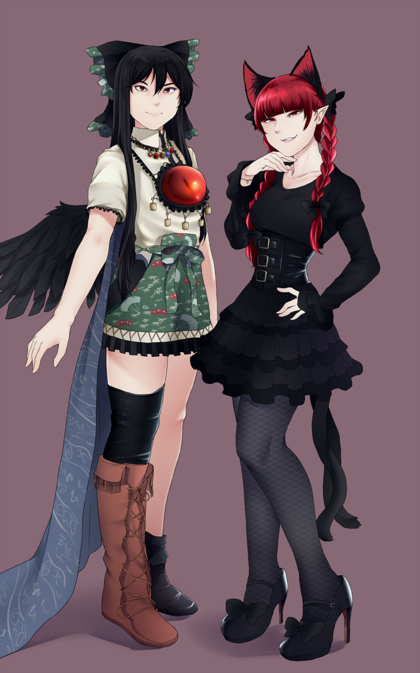 2girls animal_ears arms_at_sides asymmetrical_clothes asymmetrical_footwear asymmetrical_legwear bird_wings black_dress black_hair black_wings boots bow braid cape cat_ears cat_tail collarbone cross-laced_footwear dress extra_ears frilled_dress frills full_body grin hair_between_eyes hair_bow half-closed_eyes hand_on_hip hand_on_own_chin high_heels highres intertwined_tails jewelry kaenbyou_rin lace-up_boots long_hair long_sleeves looking_at_viewer multiple_girls multiple_tails nekomata ninonini outstretched_arm pantyhose pendant pointy_ears red_eyes redhead reiuji_utsuho shirt simple_background single_boot single_thighhigh skirt slit_pupils smile smirk standing tail thigh-highs third_eye touhou twin_braids wing_collar wings
