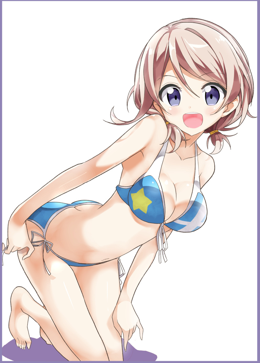 1girl :d bikini blue_bikini blue_eyes blush breasts cleavage highres kneeling looking_at_viewer love_live! love_live!_sunshine!! medium_breasts nanakusa_(user_rnpt7322) open_mouth short_hair short_twintails side-tie_bikini smile solo swimsuit twintails watanabe_you