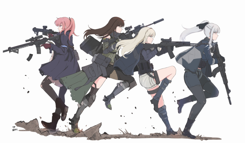 4girls blonde_hair brown_hair capelet character_request detached_sleeves dual_wielding elbow_pads girls_frontline gloves gun highres holding holding_gun holding_weapon long_hair multiple_girls pantyhose pink_hair ponytail pouch running selby short_shorts shorts single_thighhigh suppressor thigh-highs trigger_discipline weapon white_background white_hair