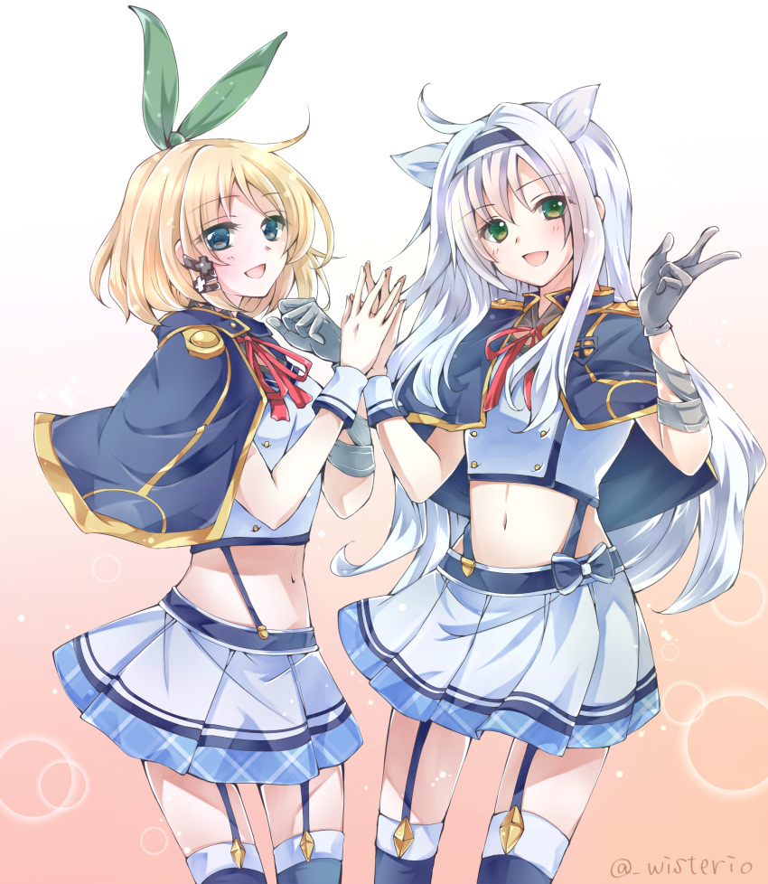 2girls animal_ears black_gloves blonde_hair blue_eyes blush capelet cat_ears garter_straps gloves green_eyes hairband hand_holding highres looking_at_viewer midriff miniskirt multiple_girls navel open_mouth ribbon rokudenashi_majutsu_kouji_to_akashic_record rumia_tingel silver_hair sistine_fiber skirt skirt_set smile thigh-highs touko_(wisterio) twitter_username wrist_cuffs