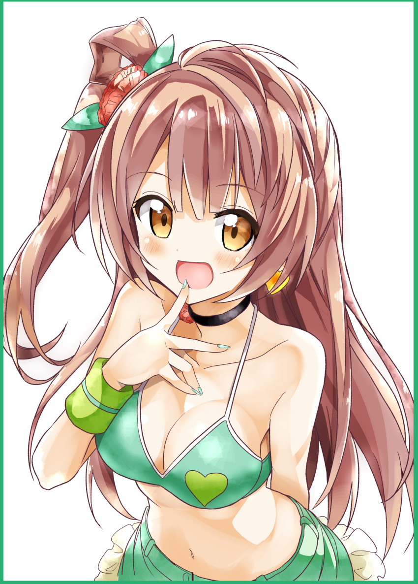 1girl bikini_top blush breasts brown_eyes brown_hair choker earrings green_bikini_top green_nails heart heart_earrings highres jewelry long_hair looking_at_viewer love_live! love_live!_school_idol_project medium_breasts minami_kotori nail_polish nanakusa_(user_rnpt7322) navel open_mouth side_ponytail solo white_background