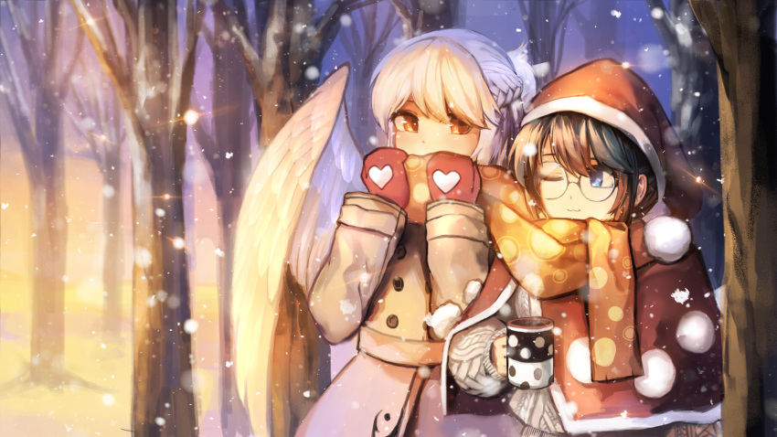 2girls :3 alternate_costume alternate_eye_color alternate_hair_color angel_wings arm_at_side bangs bare_tree bespectacled black_hair blue_eyes braid brown_coat capelet coat covered_mouth cup day doremy_sweet forest french_braid glasses gloves hands_up hat highres hijiwryyyyy kishin_sagume long_sleeves looking_at_another looking_to_the_side mittens morning mug multiple_girls nature nightcap one_eye_closed orange_eyes red_eyes red_gloves scarf shared_scarf short_hair short_ponytail side-by-side silver_hair single_wing snow snowing sparkle steam sunlight sweater touhou tree upper_body white_wings wings yellow_scarf