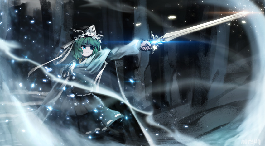 1girl adapted_costume blue_eyes cape cowboy_shot dark energy eyebrows_visible_through_hair fog glowing green_hair hat hat_ribbon highres hijiwryyyyy holding holding_sword holding_weapon light_particles light_trail long_sleeves looking_afar pointing_sword ribbon ribbon-trimmed_skirt serious shiki_eiki short_hair signature solo sparkle standing sword touhou vest weapon