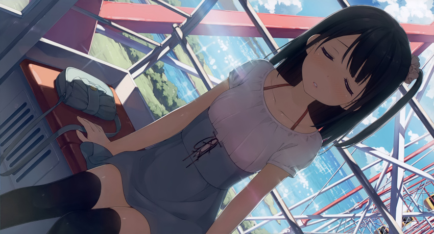 1girl absurdres arms_at_sides bag black_hair black_legwear blue_skirt blue_sky blush closed_eyes clouds collarbone day ferris_wheel ferris_wheel_interior hair_ornament hair_scrunchie handbag high-waist_skirt highres horizon huge_filesize kantoku long_hair ocean original parted_lips pov scan scrunchie seat shirt side_ponytail sitting skirt sky solo sparkle thigh-highs water white_shirt zettai_ryouiki