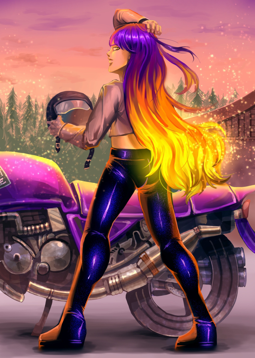 1girl alternate_costume androgynous back black_pants black_shoes blonde_hair building crop_top forest from_behind gloves gradient_hair gradient_sky ground_vehicle hand_on_own_head helmet highres hijiri_byakuren holding holding_helmet leather leather_pants light_particles long_hair long_sleeves looking_afar looking_back man_face motor_vehicle motorcycle multicolored_hair nature orange_hair pants parted_lips pink_sky purple_hair shiny shiny_clothes shiny_hair shirt shoes single_glove solo standing touhou tree twilight very_long_hair wadohime white_gloves white_shirt wind